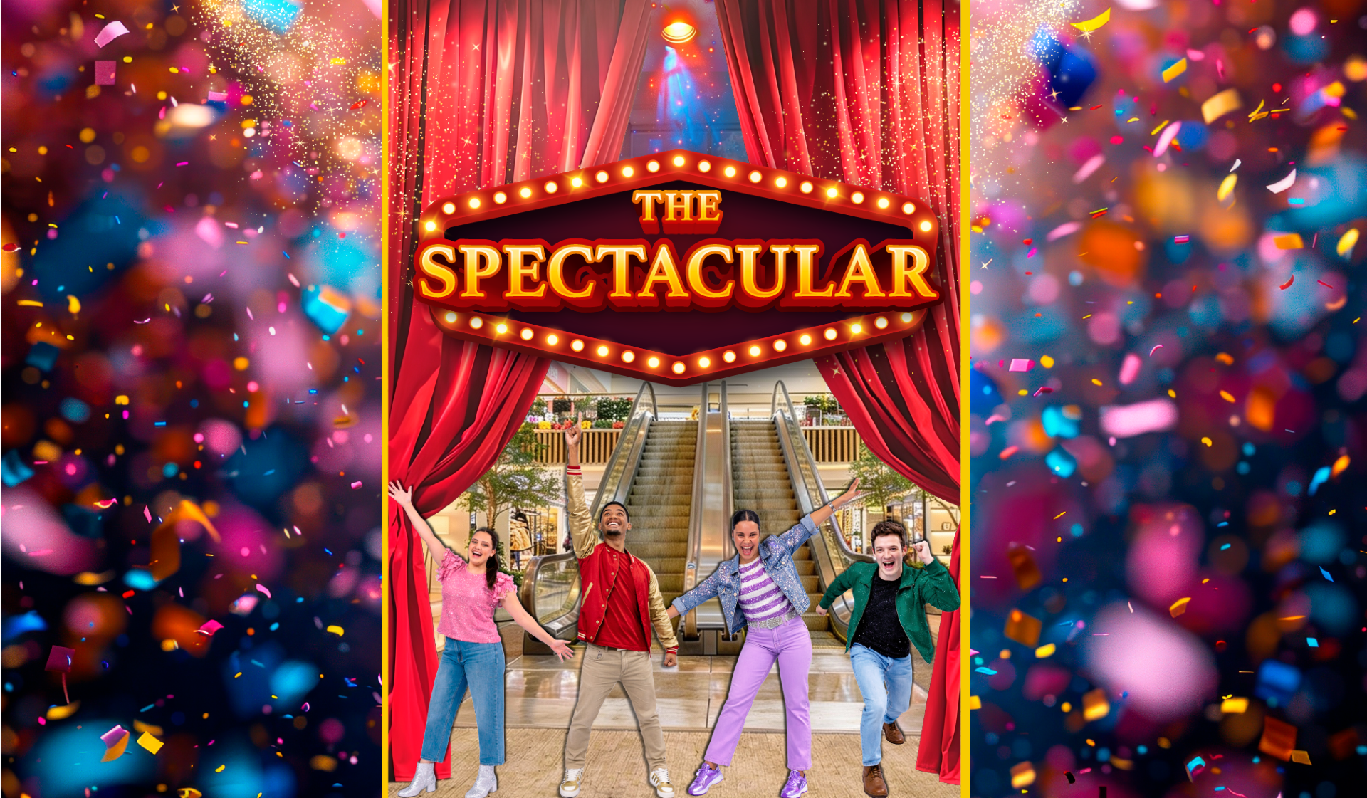 Four performers from The Spectacular standing in front of red theatre curtains.